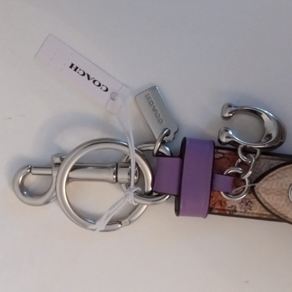 Coach Floral and Lavender Leather Key Fob Keychain - Picture 2 of 4